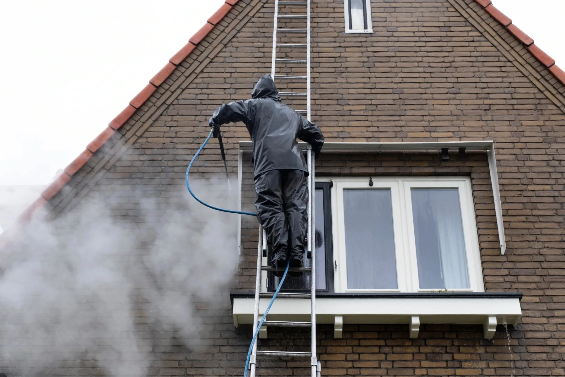 Nettoyage de façade en briques sur échelle par Muller Toiture, couvreur Est lyonnais