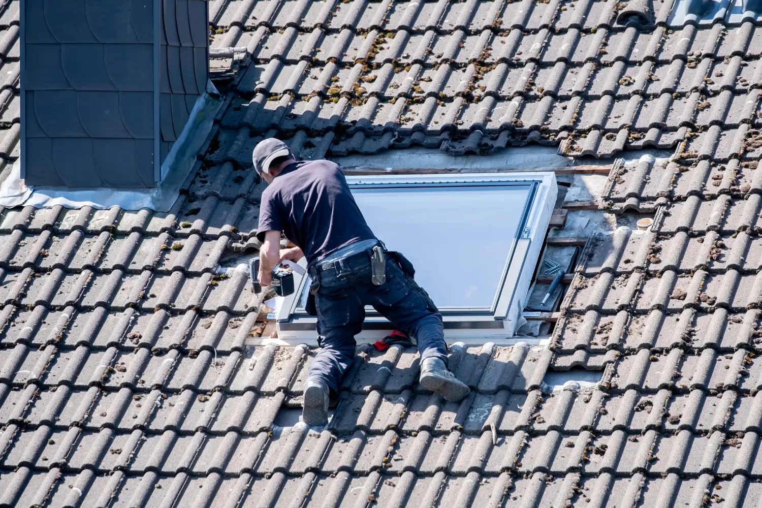 Pose d'une fenêtre de toit Velux sur toiture en tuiles par Muller Toiture